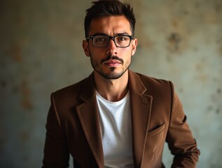 Obraz premium Portrait of confident male entrepreneur wearing stylish brown jacket and glasses