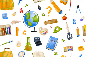 Back to school seamless background with school supplies. Knowledge education tools. Hand drawn student pattern