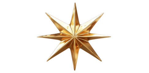 three-dimensional. golden star with eight sharp points. radiating outward this decorative piece is often used as a symbol of guidance or aspiration. making it suitable for various contexts like holida