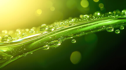 Vibrant green liquid with bubbles under glowing light reflection