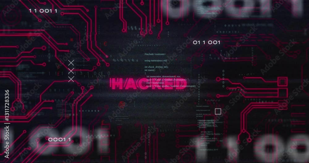 Leinwandbilder Binary code and red circuit patterns creating animation on dark background