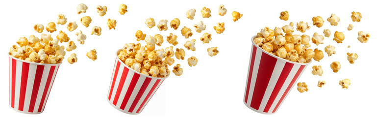 Caramel Popcorn in a Striped Paper Cup with Flying Kernels isolated on white or transparent png background