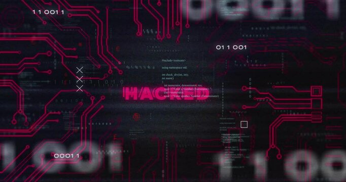 Binary code and red circuit patterns creating animation on dark background