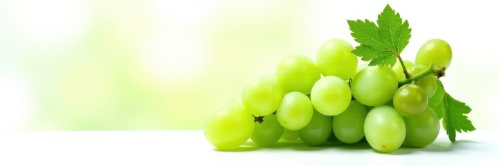 Bunched green grapes with attached leaves, stark white isolation, background, food photography
