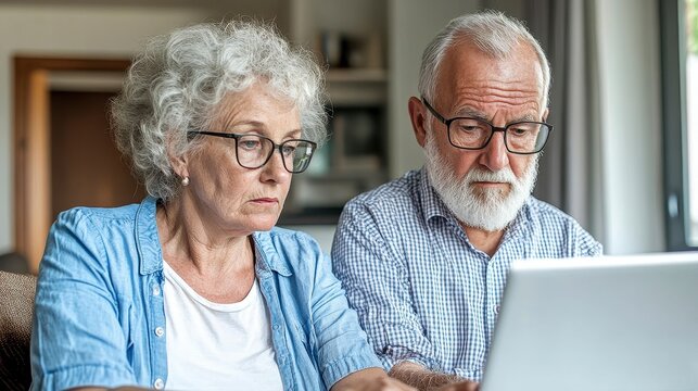 Senior Couple Using Laptop, Concerned Expressions - Powered by Adobe