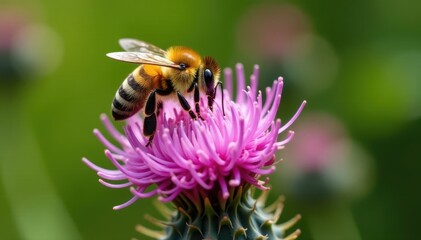 Close-up bee pollinating vibrant purple thistle bloom, bee, macro, insect