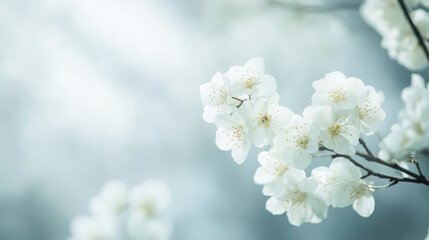 Obraz premium Delicate white blossoms on a soft focus blue background