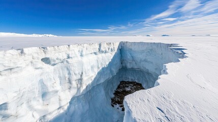 Iceberg melting concept. A stunning view of a glacier with a deep crevice and clear blue sky above.