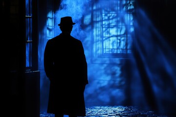 Fototapeta premium Mysterious Silhouette Man in Blue Night Fog Dramatic Shadowy Figure Dark Atmospheric Backlit Scene Urban Alleyway Gloomy Detective Noir Style Moody 
