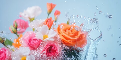 A vibrant bouquet of roses and blooms submerged in water with bubbles, showcasing delicate petals and fresh colors in a serene setting.