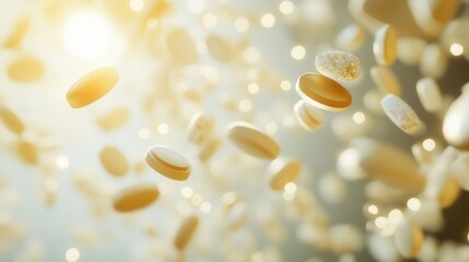 Floating pills in zero gravity illuminated by cinematic lighting capturing a medical abstract theme with soft shadows and intricate detailing