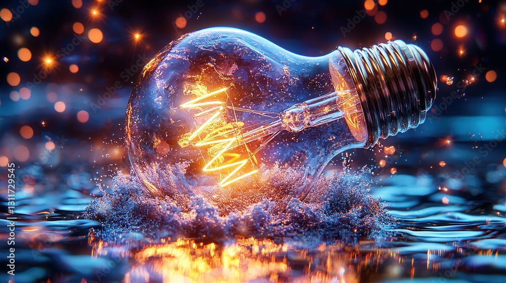 Poster a 3d visualization of a luminous lightbulb surrounded by a splash of water creating a dynamic and su