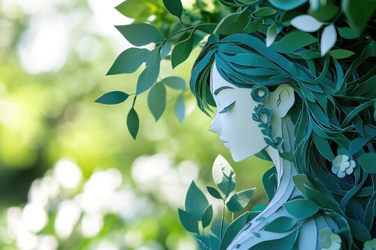 Close-up of an intricate paper cut-out sculpture of the goddess Daphne with blue hair and a green dress in a field of white flowers