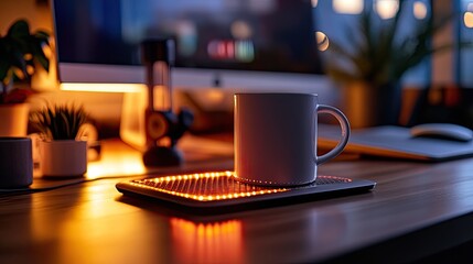 Cozy workspace featuring a steaming mug on a warming coaster at night