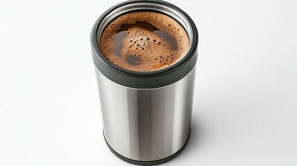 Stainless Steel Travel Mug Filled with Freshly Brewed Coffee