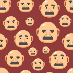 Funny seamless pattern with round faces european hairless male head on dark background, Vector illustration of bald man with different emojis, cartoon character for print, fabric, barbershop, cosmetic