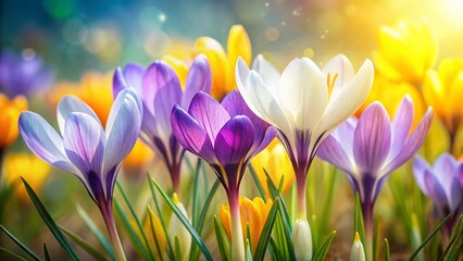Vibrant Spring Crocus Flowers Double Exposure Close-up Stock Photo