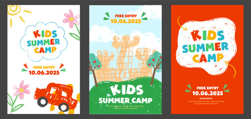 Doodle kid poster, Summer camp poster, Colorful, childlike with crayon chalk grunge texture for advertising vector set
