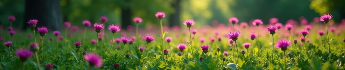 Fototapeta premium Dense cluster of black knapweed in woodland setting, summertime, wild plant, close-up