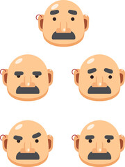 Set of Isolated Vector illustration of bald man head with pirate earring and different emotions, hairless male funny avatar icon, flat style cartoon character, emojis sad, upset, angry, surprised
