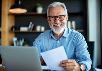 Smiling Senior Man Reviewing Documents at Home Office