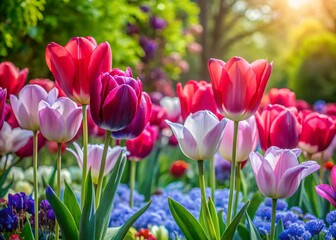 Fototapeta premium Vibrant Spring Garden: Pink, Purple & Red Tulips with White and Blue Flowers