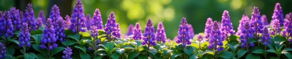 Fototapeta premium Dense purple flower border with full green foliage , texture, outdoor