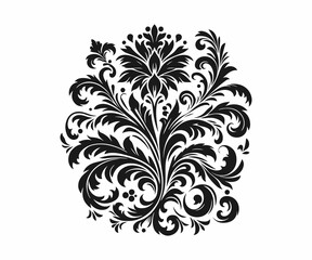 A sophisticated, symmetrical damask pattern featuring intricate floral and leaf-like designs in a rich black silhouette against a pure white background.