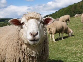 Obraz premium Close-up of a sheep with a fluffy coat grazing in a lush green field under a blue sky.