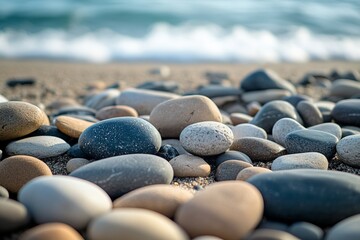 Smooth Ocean Beach Stones Natural Gray Brown Pebble Texture Background Image Calm Coastal Serenity Summer Vacation Relaxation Peaceful Seashore Scene 