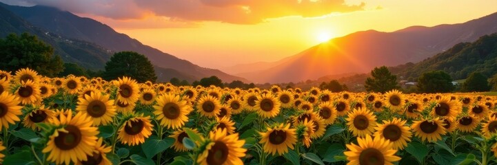 Fototapeta premium Golden hour illuminates vibrant sunflower field nestled in mountain valley , landscape, flower field, sunlit