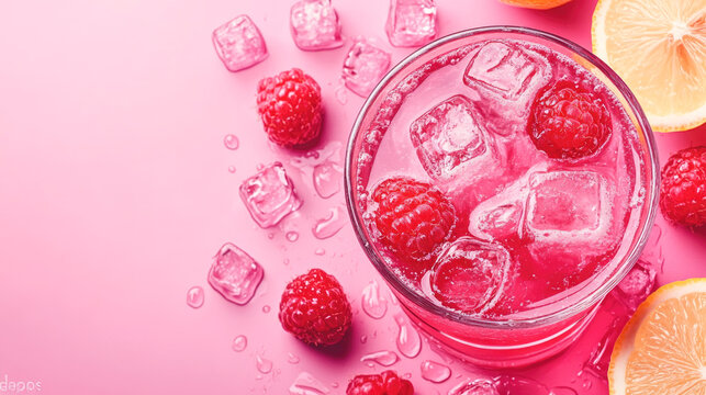 Refreshing raspberry lemonade with ice cubes on pink background
