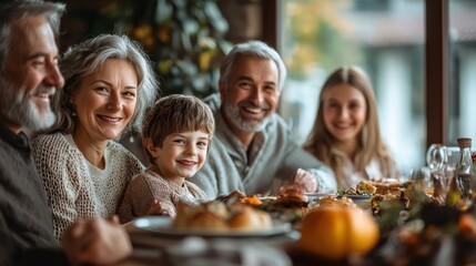 A joyful family gathering around a festive table, sharing a meal and laughter. The warm atmosphere highlights love, togetherness, and happiness during a special occasion.