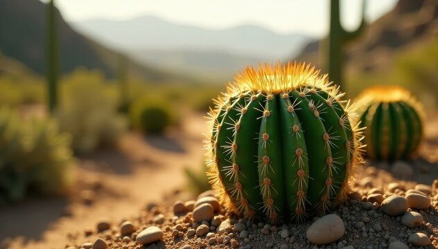 Green barrel cactus, sun-drenched desert blur, blurred, prickly pear, nature