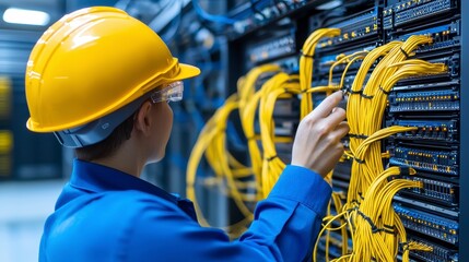 Technician Connecting Fiber Optic Cables in Server Room