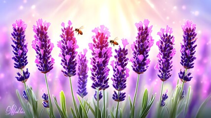 Naklejka premium Radiant Lavender Flowers with Honeybees in Soft Light