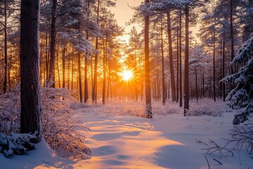 Naklejka premium Majestic Winter Sunset in Snowy Pine Forest Scenic Nature Photography Tranquil Serene Peaceful Beautiful Golden Hour Sunlight Rays Illuminate Winter 