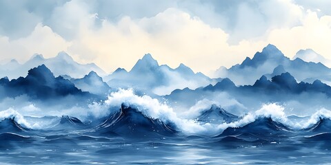 Painting of a large body of water with mountains in the background. The mountains are covered in clouds, and the water is choppy. The mood of the painting is calm and serene, with the mountains
