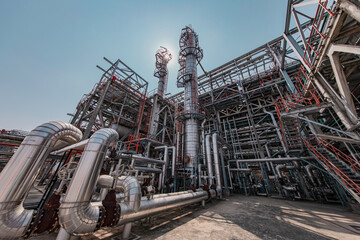Fototapeta premium Oil​ refinery​ and​ plant and tower column of Petrochemistry industry Refinery plant equipment for pump pipeline oil and gas valves