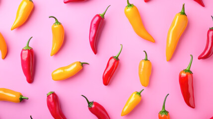 Colorful red and yellow chili peppers on pink background