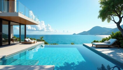 Obraz premium Oceanfront home, tranquil pool area, stunning vista, sky, modern, spacious