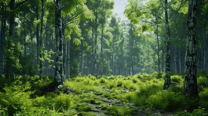 Obraz premium Lush green forest landscape with vibrant foliage and fern-covered ground, sunlit trees creating a serene natural pathway through nature.