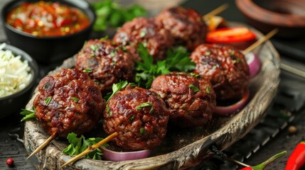 Traditional Turkish meatballs served on skewers, garnished with parsley, onion slices, with spicy tomato sauce in the background, earthy tones.