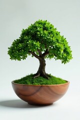 Oversized green tree in miniature wooden bowl, environment, contrast, wooden