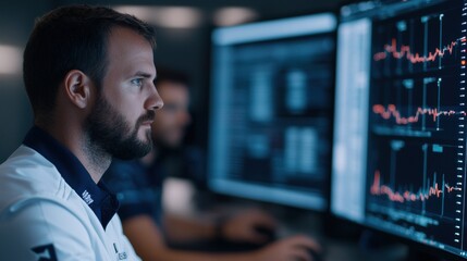 Fototapeta premium Focused professional analyzing data on multiple screens in a dimly lit office, displaying growth charts and analytics, reflecting concentration in a modern tech environment.