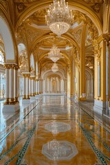 Obraz premium Opulent palace featuring exquisite gold chandeliers and intricately designed marble interiors.