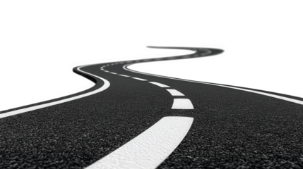 winding asphalt road with white lane markings. set against a minimalistic white background. suggesting an open and endless journey it evokes themes of travel. exploration. and freedom