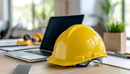 Yellow Hard Hat on Desk with Laptop and Blueprints