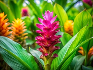 Obraz premium Vibrant Turmeric Plant Background: Curcuma longa rhizomes and lush foliage in natural sunlight.