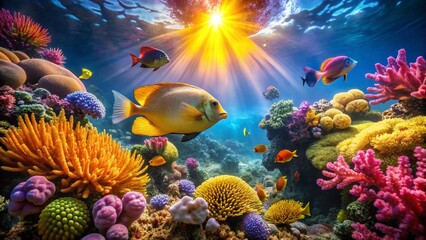 Vibrant Tropical Reef Scene with Foxface Rabbitfish Swimming in Coral